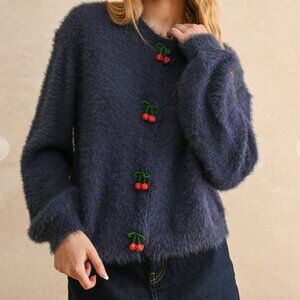 NEW Beaded Cherry Button Front Fuzzy Blue Soft Cardigan - SIZE SMALL